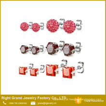 6mm 316L aço inoxidável Shamballa vermelho brincos zircônia cúbica orelha Studs